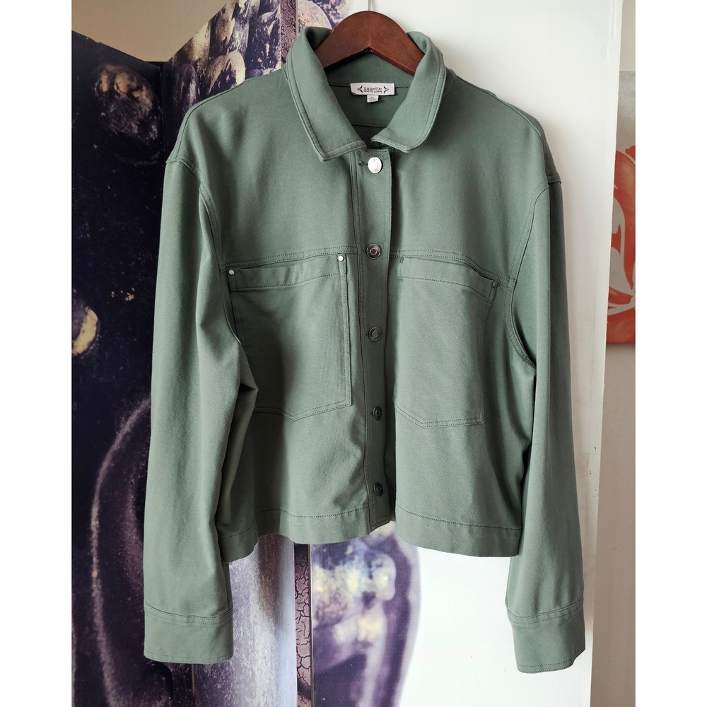 Nanette Lepore Olive Green Button Front Cotton Blend Utility Jacket Knit Size XL - Picture 5 of 8